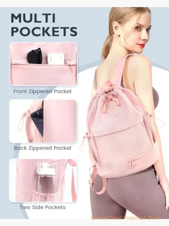 Drawstring Backpack Gym Bag with Shoe Compartment Wet Pocket - Picture 3 of 6